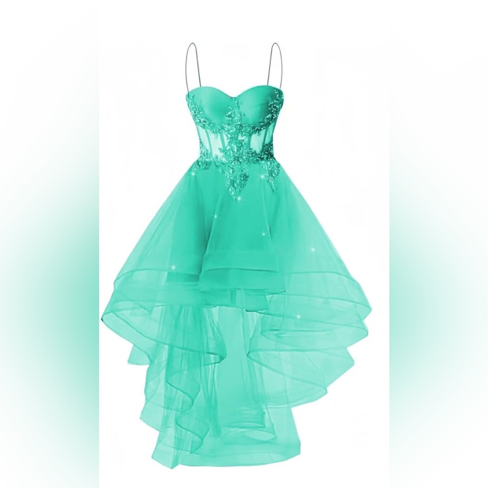 Aqua Glitter Tulle High-Low Dress — Lace Appliqué — New — Lace-Up Back